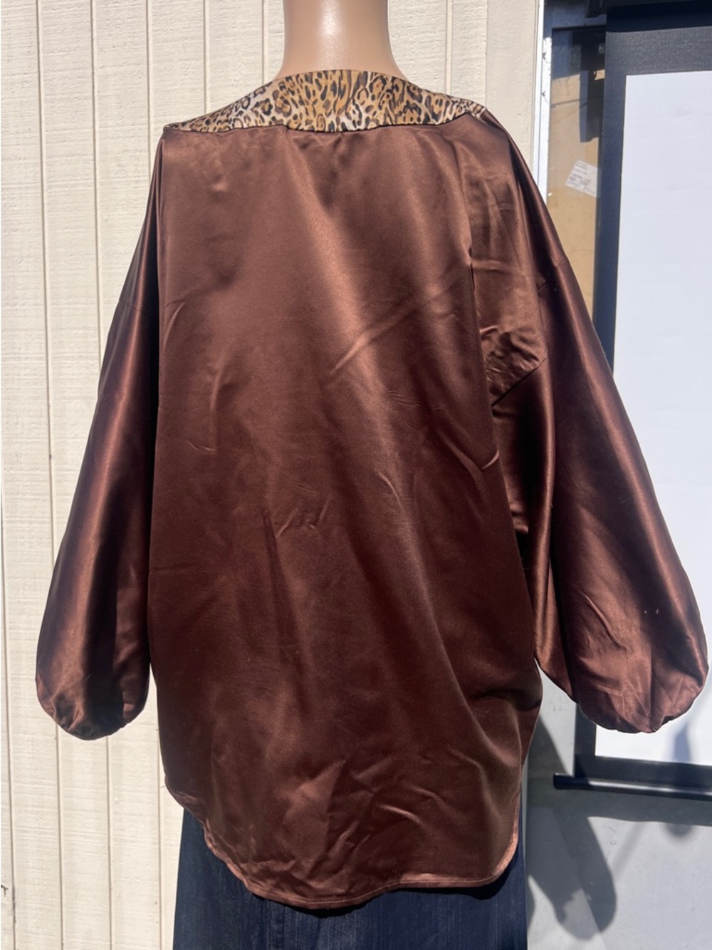 New York & Company Brown Satin Tunic with Leopard-Print V Inset - Picture 5 of 7